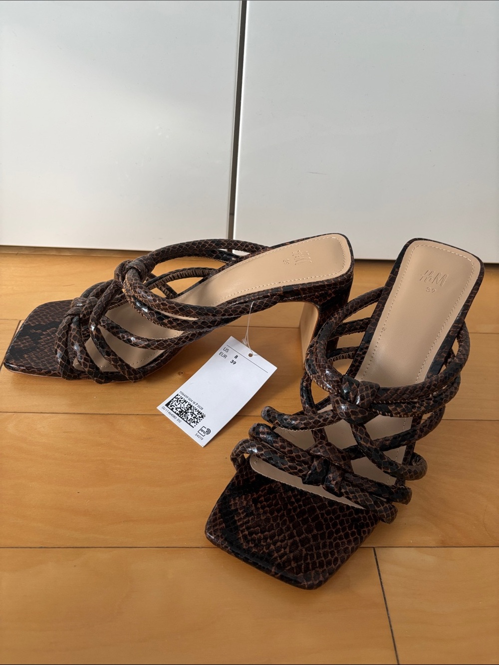H&M Dark Brown Snake-Print Strappy Heeled Mules